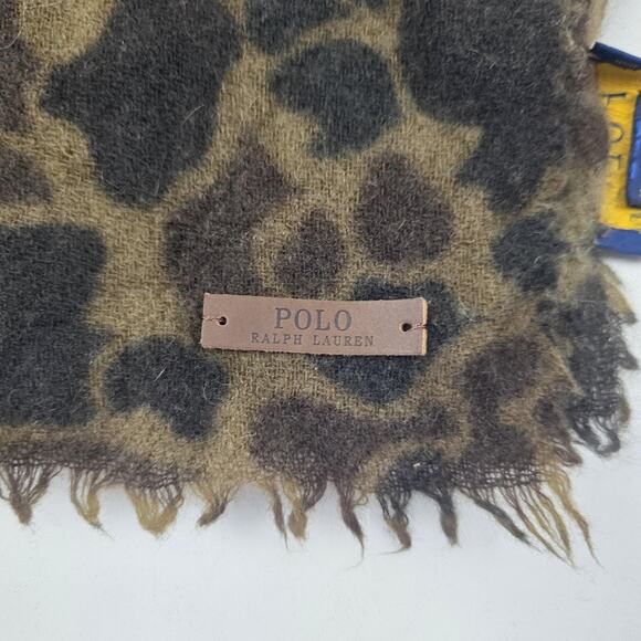 Polo Ralph Lauren Wool Scarf Mens Leopard Print Brown Black Fringe Warm Soft - Picture 2 of 9